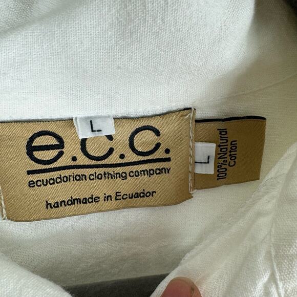 e.c.c White 100% Natural Cotton Embroidered Pleated Collared Button Up Shirt L - Picture 6 of 7